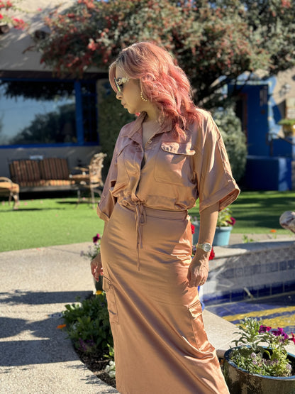 Rose Glow Top & Midi Skirt 2-Piece Satin Set