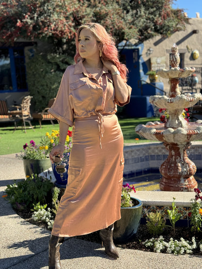 Rose Glow Top & Midi Skirt 2-Piece Satin Set